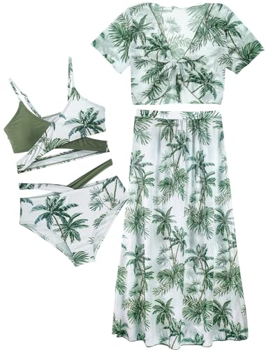 Panegy Maillot de bain 4 pièces pour fille - Bikini - Haut avec short de plage - Jupe - Costume de natation - Surf - 8-12 ans, Vert., 12 ans