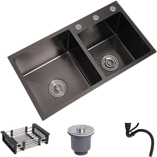 Küchenspüle Nano Haushalt Doppeltrog Küchenspüle 304 Edelstahl Gemüsewaschbecken Großes Unterbauwaschbecken Mit Wasserhahn (Color : Black-A, Size : 85X45CM)