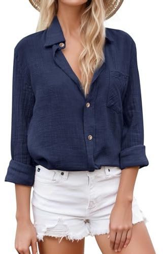 SHEKINI Camicia Lino Donna Camicetta da Donna Elegante Maniche Lunghe Cotone Blusa Maglietta Scollo a V Top Camicette Abbigliamento Donna Ufficio Casual