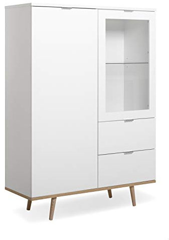 Furn.Design Vitrine in matt weiß mit Sonoma Eiche massiv, Highboard skandinavisch, Breite 100 cm, Lundby (Vitrine 1)