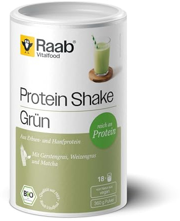 Raab Vitalfood® Bio Protein Shake Poudre verte (360 g) – Smoothie vert avec herbe d'orge, herbe de blé et matcha, 60% de protéines, mélange de protéines de pois et de chanvre, végétalien, bio