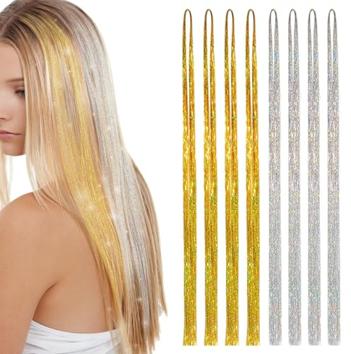 FUIPVGI 8 Stück Hair Tinsel 120CM Haar Lametta Glitzer Haarsträhnen Lametta 1440-1600 Strands Glitzer Haarsträhnen Kit Glitzer Haarverlängerung Sparkle Tinsel Hair Extensions für Frauen (Silber, Gold)
