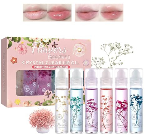 HASAIKA® Lot de 6 rouleaux d'huile à lèvres - Huile à lèvres hydratante - Gloss à paillettes - Pour soin des lèvres - Lèvres sèches et longue durée