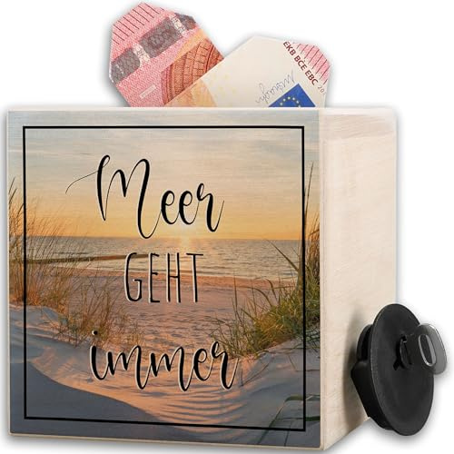 Meer Geht Immer I Urlaubskasse I Urlaub Spardose Holz | Urlaubsspardose | Urlaubsgeld | Maritime Auszeit - 10x10cm - Holz - geldgeschenk ostsee mit schlüssel reisekasse Reise sparschwein Thema für