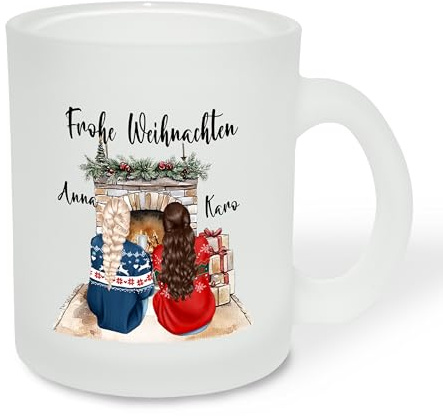 True Statements Personalisiertes Geschenk für beste Freundin - bff - Glastasse „Frohe Weihnachten“ Freundinnen vor dem Kamin – Geschenkidee zur Adventszeit & Weihnachtszeit - satiniert, ca. 300ml