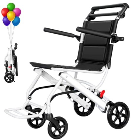 Silla de ruedas plegable ligera, silla de transporte plegable, silla de transporte portátil con correa de seguridad ajustable y marco de aluminio, ayuda de movilidad compacta para adultos y personas