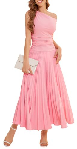 Bbonlinedress Robe Femme Chic et Elégant Longue pour Soirée Cérémonie Cocktail Bal Mariage Invité Robe Plissée A-Line à Une Epaule Oblique sans Manches Pink S