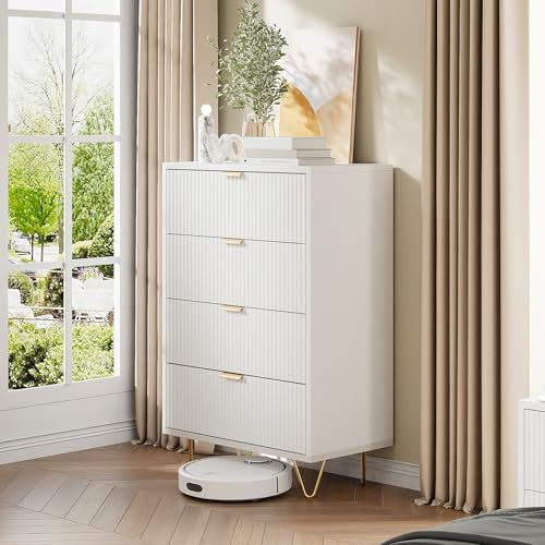 MISNODE Commode Chambre Adulte, Commode Blanche 4 Tiroirs, Meuble De Rangement en Bois Coiffeuse, Buffet de Rangement Meuble Tiroir pour Couloir, Chambre, Salon, Salle de Bain(4 tiroirs Blanc)