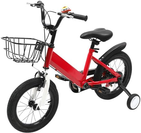 14 Zoll Kinderfahrrad für Jungen Mädchen Ab 3-7 Jahren Kinder Fahrräder Höhenverstellbar Fahrrad mit Korb Stützrädern (Rot)