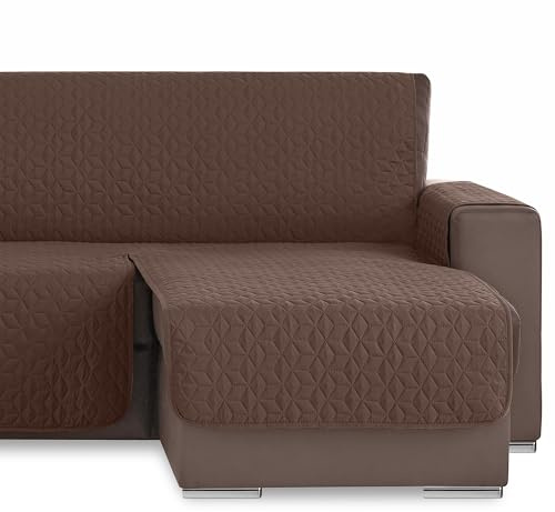 HIPERMANTA Funda de Sofa Chaise Longue Acolchada. Protector Sofa Acolchado. Cubresofa Ajustable Cuadros. Cubre Sofa. Paris. Color Marron Lado Derecho Visto de Frente 240 cm