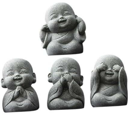 TOPPERFUN Juego de 4 Figuras de Buda, Mini estatuas de de Piedra, pequeñas Figuras Decorativas Grises para jardín, Exterior y salón, Talla de gres para meditación y, Regalo