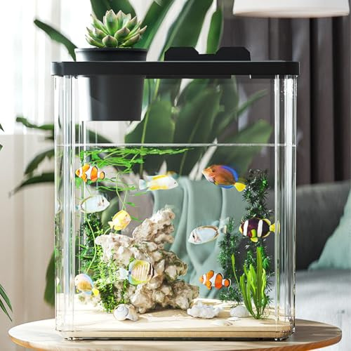 Aquarium Komplett Set - Fischtank Aquarium mit LED-Leuchten & Pumpe & Kunstblumen & Steine & Fischlöffel - Aquaristik Tischdekoration für Zuhause, Büro, Wohnzimmer - 17xc11x16.5cm