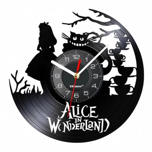 Viiluuxr Märchen-Wanduhr 30 cm im Vinyl-Look, ohne Tickgeräusche, schwarz | Mädchen-Silhouette, Fantasiekatze, Äste und Teegeschirr als schwarze Traumreise-Deko für Wohn-, Jugend- und Lesezimmer