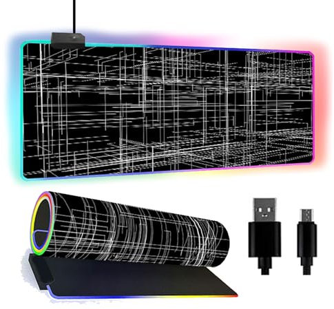 Fansu Alfombrilla para Ratón RGB, XXL Grande Gaming Mousepad con 14 Modos 7 Colores LED, Mouse Pad Teclado Almohadilla de Escritorio para Laptop y PC, Impresión Líneas (Negras,600x300x4mm)