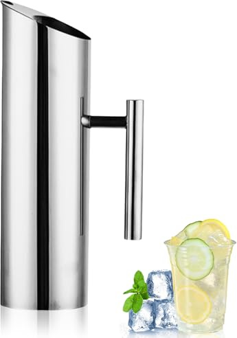 Brocca d'acqua in acciaio inox, 1,5 l, moderna brocca in metallo, brocca da tè argentata, caraffa con manico per succo, caffè e latte (1,5 litri)