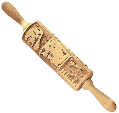 Decorazioni Natalizie, Mattarello in Rilievo Mattarello Natalizio in Legno da 14 Pollici per Impasto Timbri per Biscotti Inciso 3D Strumenti con Manici per Cottura Cucina