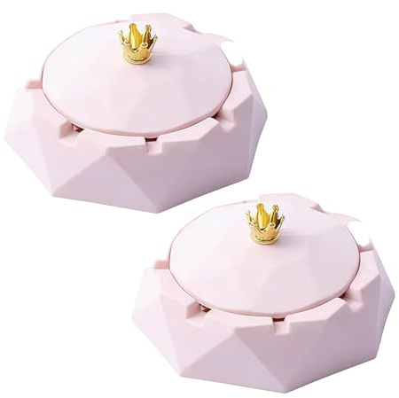 2Pcs Stainless Steel Ashtray with Lids, Windproof, Cigarettes Ashtray for Indoor or Outdoor Use, Ash Holder for Smokers, Desktop Smoking-Ash Tray for Home, Office Decoration, Pink