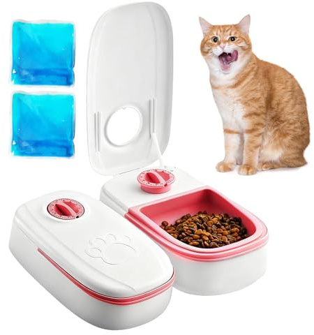Futterautomat Katze Nassfutter, 2 Mahlzeiten Katzenfutter Automat Katzen Futterautomat mit 48 Stunden Timer 700 Ml für Katzen und Kleine Hunde Geeignet Für Nassfutter und Trockenfutter