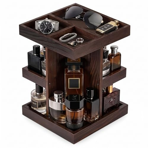 ProCase 3-Tier 360° Rotating Cologne Organizer for men, Large Capacity Wooden Countertop Display Rack for Bathroom & Dresser, Space-Saving Vanity Tray for Perfume & Skincare, Gifts for Him (Brown)