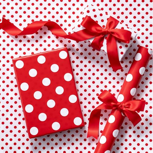 RUSPEPA Mini-Doppelseitiges Rot-Weiß Punkte-Geschenkpapier Große & Kleine Punkte, Modern & Klassisch Für Geburtstage, Feiertage, Valentinstag, Weihnachten, Partys 43,2 cm x 5 m