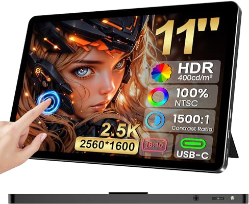 Ueplain Monitor táctil portátil 11 Pulgadas, 2.5K QHD (2560×1600), IPS, 16:10, 100% NTSC / 139% sRGB, 400 nits, HDR Contraste 1500:1, con HDMI y USB-C, para portátil/PC