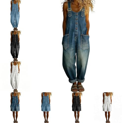 Jumpsuits for Women UK Denim Sleeveless Wide Leg Overalls Summer Casual Bib Playsuits Baggy Holiday Dungarees Solid Plus Size Adjustable Straps Jumpsuits Ladies Work Overalls with Pockets