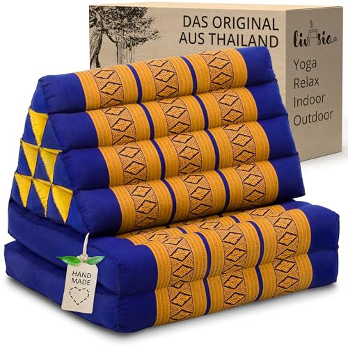 livasia Thai cushion with 2 seat rests - 47x20x3.1″ - Triangle cushion with seat cushion, Wedge cushion, kapok, Back support cushion, folding, Thai mat, folding, Hand made (Blue/Yellow)