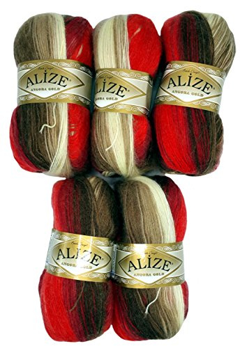 5 x 100 g Alize Strickwolle mehrfarbig mit Farbverlauf, 500 Gramm Strickgarn mit 20% Wolle-Anteil (rot braun beige creme 4574)
