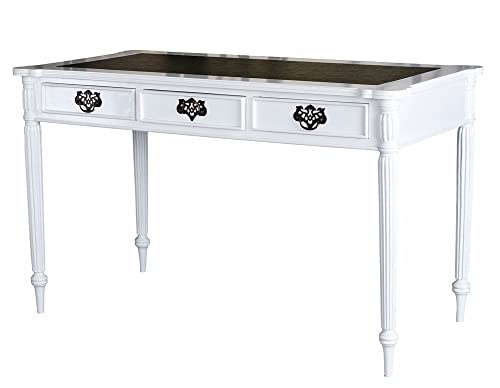 Klassischer Schreibtisch Mahagoni Weiß Kolonialstil englischer Tisch Handarbeit 124x64x75 cm mit Kunstleder-Pultplatte & 3 Schubladen Massivholz Computertisch Shabby Chic Schreibmöbel Unikat