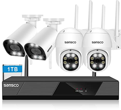 SANSCO 10CH Wireless Security Camera System, 5MP CCTV NVR System with 1TB Hard Drive, 4x 3MP PTZ Bullet WiFi Outdoor Cameras, 2 Way Audio, Color Night Vision, Human Detection, APP Email Alert