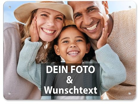 Blech-Schild mit Foto und Text selbst gestalten/Personalisierbar mit eigenem Bild als Metall-Poster / A5 (15x20cm) im Querformat/Weiss