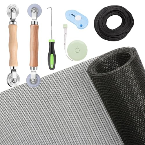 Windows Screen and Screen Door Repair Kit, 48x118 Charcoal Fiberglass Mesh with Rolling Tool/Hook/Ruler/Cutter/Spline - Window Screen & Sliding Screen Door Replacement for Windows, TOOLTRIZ