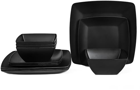 Melamine 12pcs Classic Square Dinnerware Set, Concise Plates and Bowls Set, Service for 4, Dishwasher Safe Black