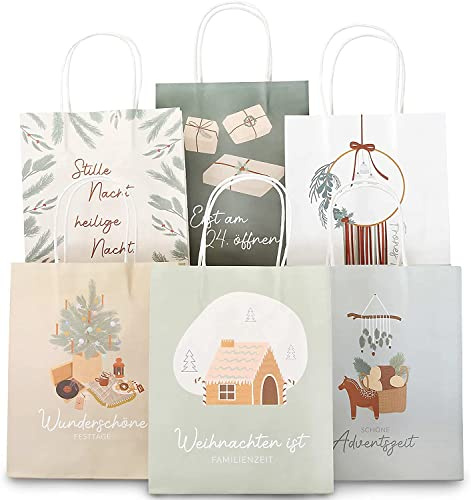 Papierdrachen Geschenktüten Weihnachten groß - 6 Stück - pastell - Scandi-Stil - 22×18×8 cm - inkl. 6 Karten - Henkeltüten Geschenkverpackung