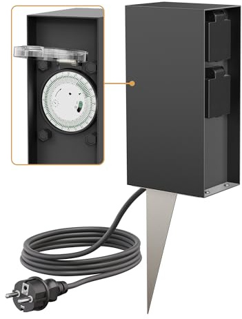 ledscom.de Garten-Steckdosensäule POMI mit Erdspieß und 2m Kabel für außen, IP44, Timer/Zeitschaltuhr, 2-Fach, anthrazit, eckig, 23cm