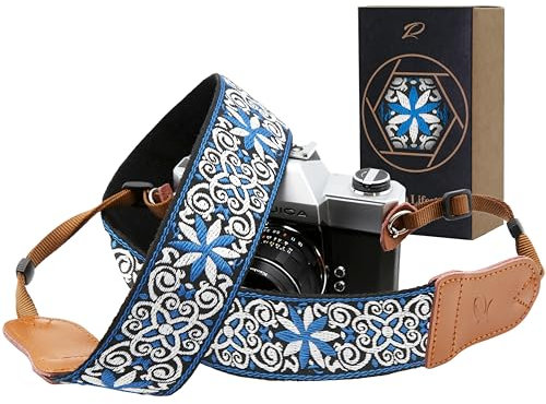 Padwa Lifestyle Correa de cámara – 2 pulgadas Correa de cámara ancha para el con cabeza de cuero genuino,retro jacquard bordado multipatrón correas ajustables,para todas las cámaras