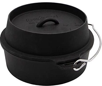 Grillfürst Dutch Oven ca. 4 Liter - stabil stehender Feuertopf mit flachem Boden ohne Füße, hitzebeständiger Gusseisen Topf, Deckel als Pfanne nutzbar, rund, DO 4