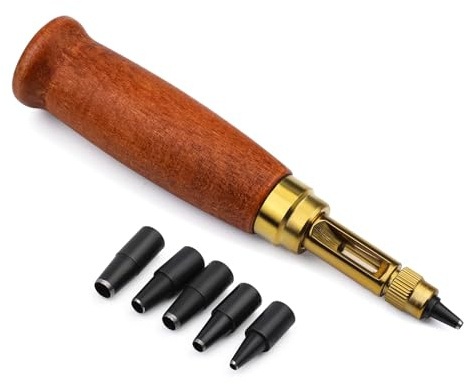 Mnuizu Adjustable Japanese Screw Punch, 6 Tip Sizes Adjustable Screw Hole Punch, Wood Handle Belt Hole Puncher Bookbinding Tool for Sewing Leather