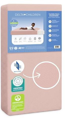 Delta Children Twinkle Stars Crib and Toddler Mattress with Breathable, Removable Machine-Washable Cover - GREENGUARD Gold - Waterproof Baby Bed - Sustainably Sourced Fiber Core - 52”Lx27.5”W, Pink