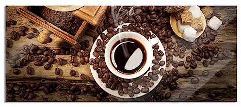 Pixxprint Glasbild Panorama, Wandbild aus Echtglas, Kaffee mit Kaffeemühle, 120x50 cm, inkl. Aufhängung und Abstandshalter
