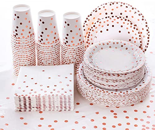 201 piezas de vajilla rosa para fiesta de cumpleaños, vajilla de papel de oro rosa que incluye platos de papel, servilletas, tazas, mantel para boda, compromiso, baby shower (50 invitados)