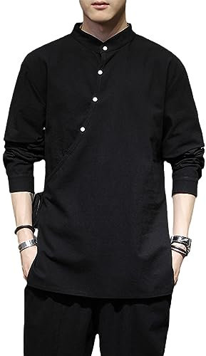 ZALTAS Chinesische Tradition Kleidung Für Männer Tang-Anzug Retro Stehkragen Top Hanfu Baumwolle Leinen Langarm-Shirt black-4XL
