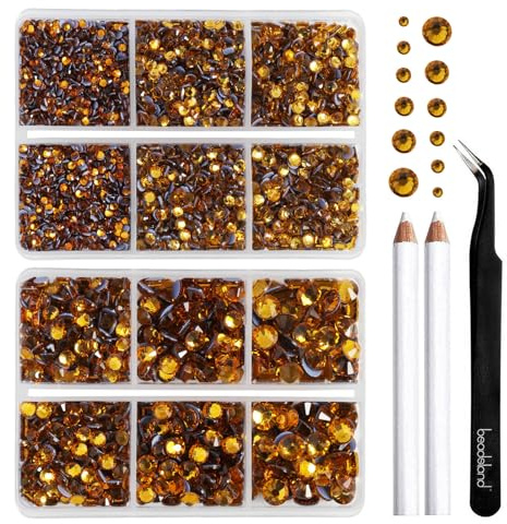 Beadsland Hotfix Strasssteine Set,Topaz,6 Größen gemischt,6080 Stk | Topaz Strasssteine für Textilien,SS6-SS30,Glasmaterial,für Kleidung,Kunsthandwerk,mit Wachsstift und Pinzette