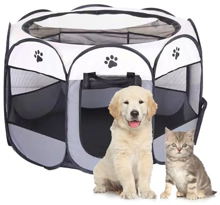 Duscdesp Clôture Portable pour Chien, Parc pour Chien Produits pour l'intérieur et l'extérieur, Toile Oxford imperméable Parc pour Chiots, Convient aux Petits Chats, Chiens, Lapins (L-Gris)