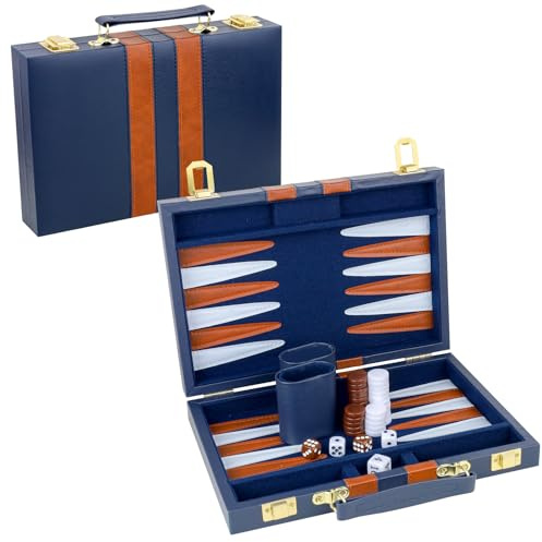 TOPTAN Backgammon-Set für 2 Spieler, klassisches Backgammon-Set für Erwachsene, Brettspiel mit Premium-PU-Ledertasche, tragbares und Reise-Backgammon-Set (Marineblau, 27,9 cm)