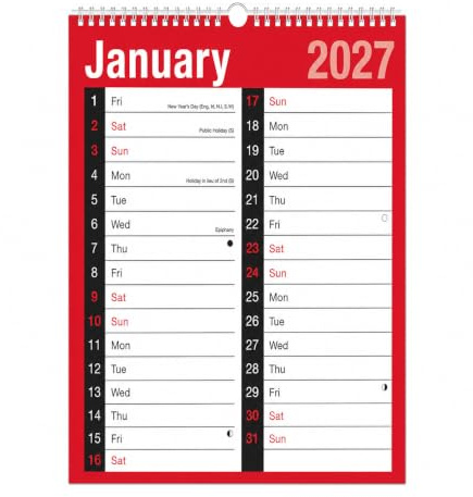 2026 A4 Wall Calendar 2-Column Month-to-View Spiral Bound Planner with Bank Holidays Year-to-View Academic Home Office Business Organisation Scheduler January-December 2026 Full Year