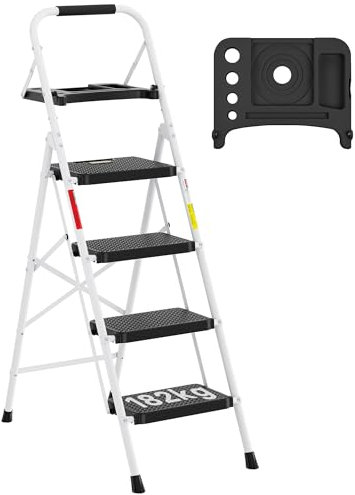 BONTEC 4 Step Ladder with Wide Anti-Slip Pedals, Folding Step Stool Capacity 150KG, Sponge Handrail, Strong and Solid Portable Ladder Suitable for Home, Kitchen, Pantry, Indoor/Outdoor Use, White