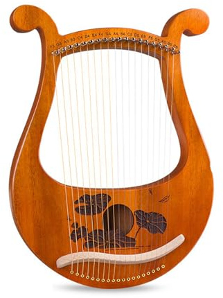 BBTISG 19 Saiten Lyre Harfe, Massivholz Mahagoni Lyre Instrument mit Stimmschlüssel und Ersatzsaiten, Massivholz Mahagoni Körper Geschnitzte Phonetische Symbole (Stil 1)