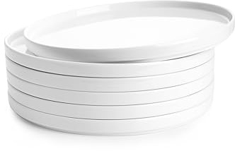 Sweese Porcelain Flat Dinner Plates Set of 6, 10.5 Inch High Edge Dish Set - Dishwasher, Microwave, Oven Safe, Scratch Resistant, Kitchen Serving Dishes - Elegant White Glaze