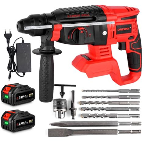 ONEVAN Akku Bohrhammer SDS-Plus, 20V Bürstenloser Akku Bohrmaschine, 4-Gang Akku Bohrhämmer mit Anti-Vibrationsgriff (2 x 3.0Ah Akkus und 7 Bohrer)